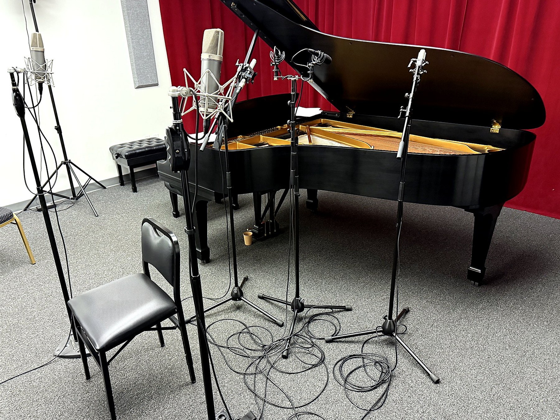 Grand piano and microphones at our Irvine studio