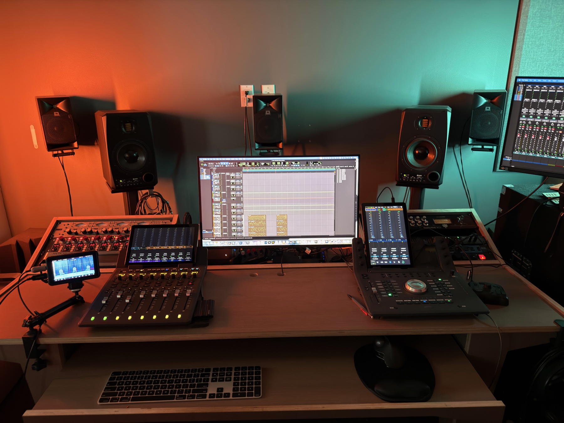 Our sound control room with mixing desk, speakers and audio workstation